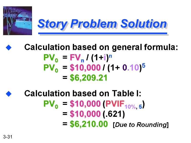 Calculation based on general formula:   PV0  = FVn / (1+i)n 